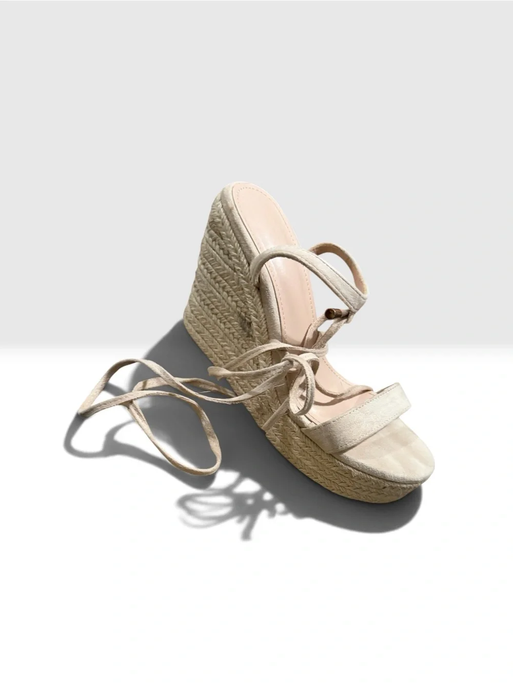 Beige Espadrille Platform Wedge Sandals with Lace-Up Straps